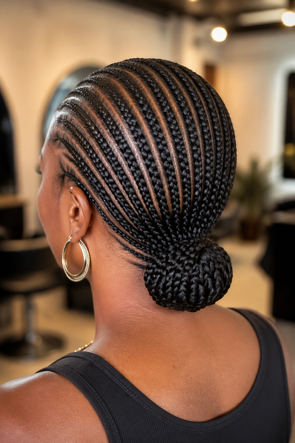 Rear view close-up of real person with cornrows feeding into a low bun at the nape