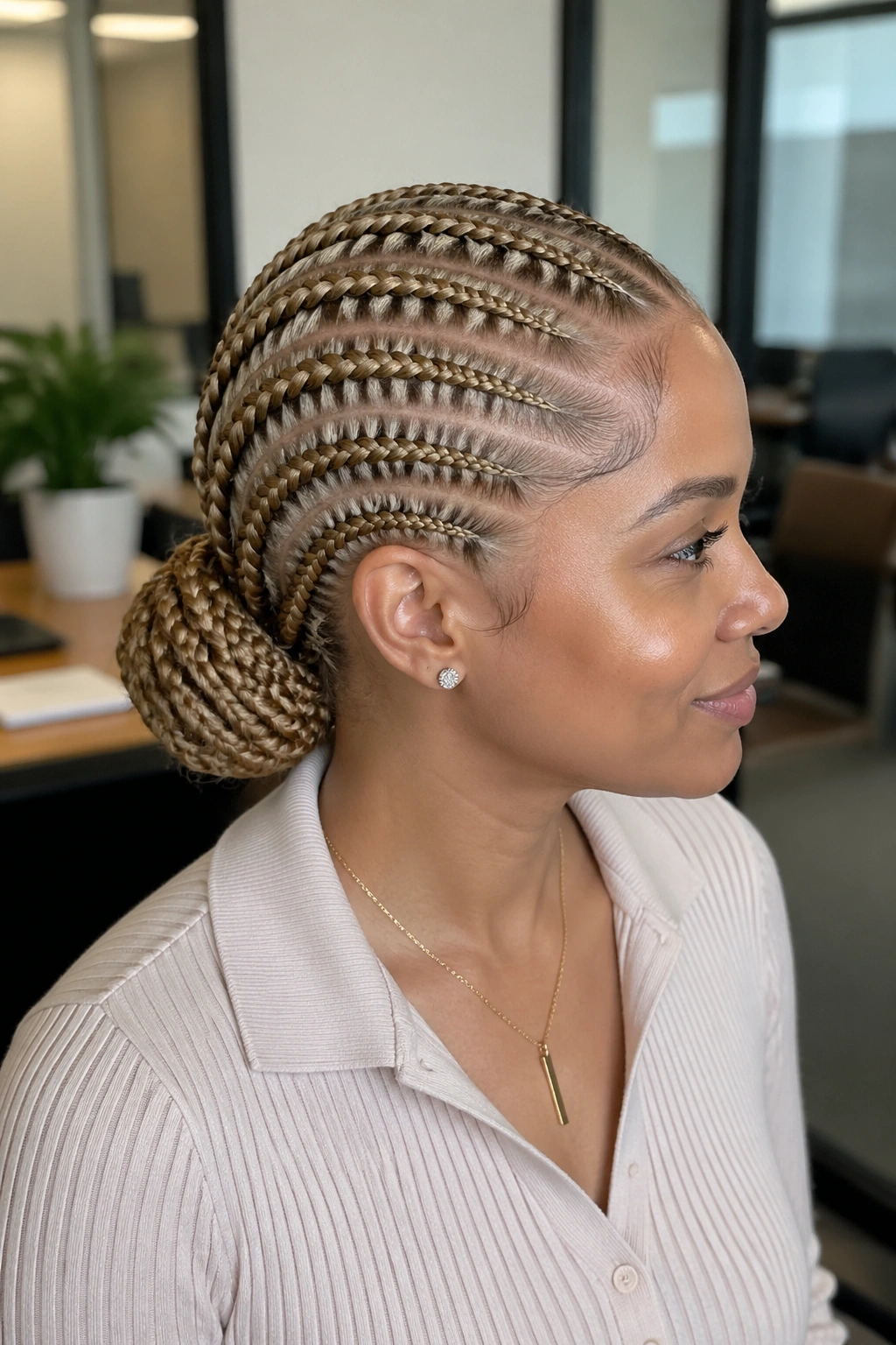 Close-up of stitch cornrows leading to a low bun in dark blonde
