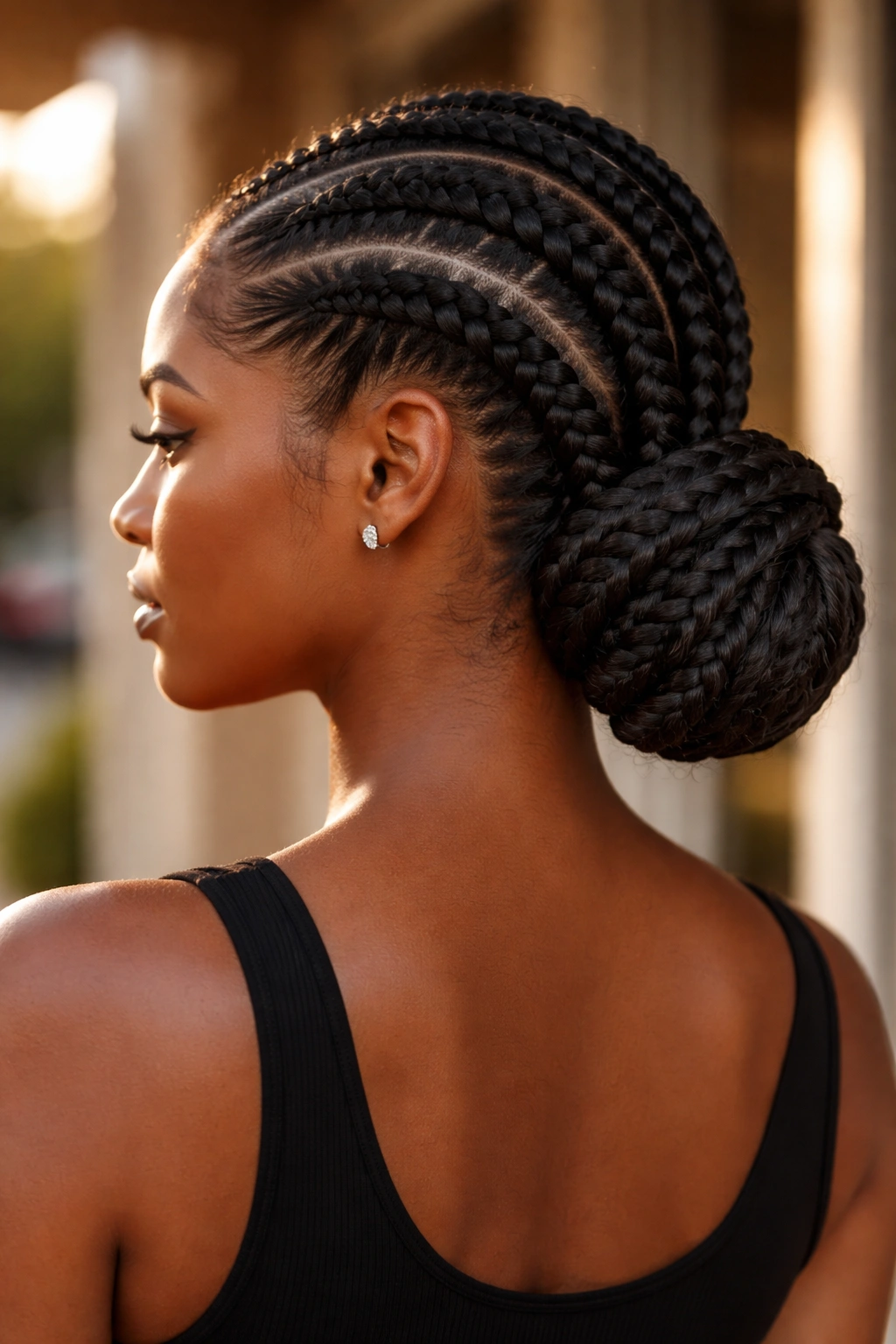 Close-up of a real person with big cornrows formed into a low braided bun.