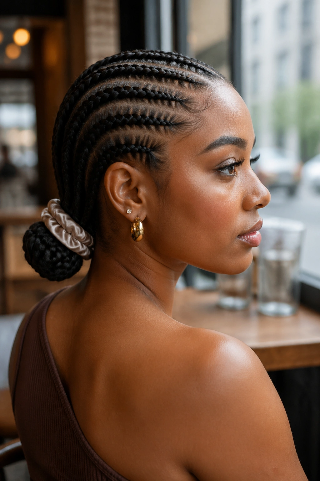 Portrait of a person with ten straight-back cornrows tied into a low bun with a scrunchie.