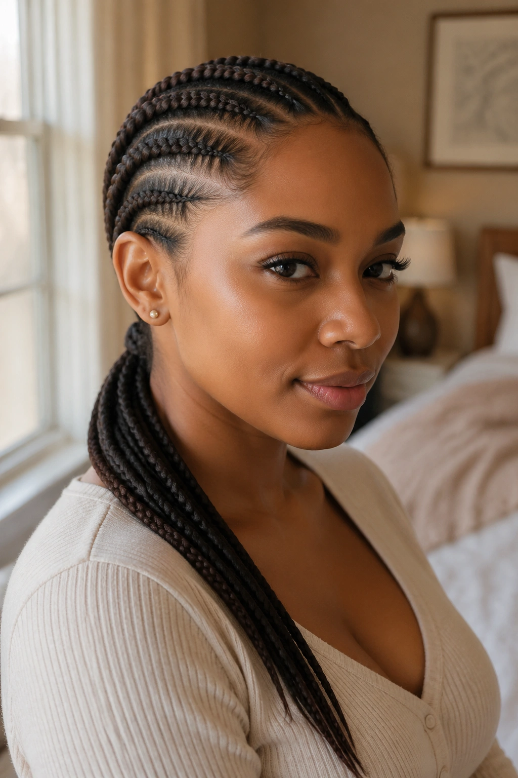 Close-up of a real woman with a low cornrow ponytail at the nape