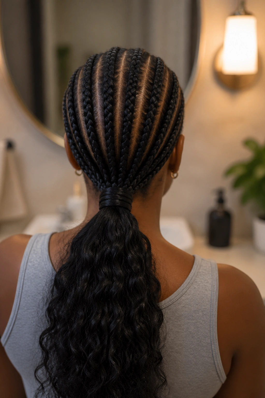 Back view of a woman with eight cornrows forming a low ponytail