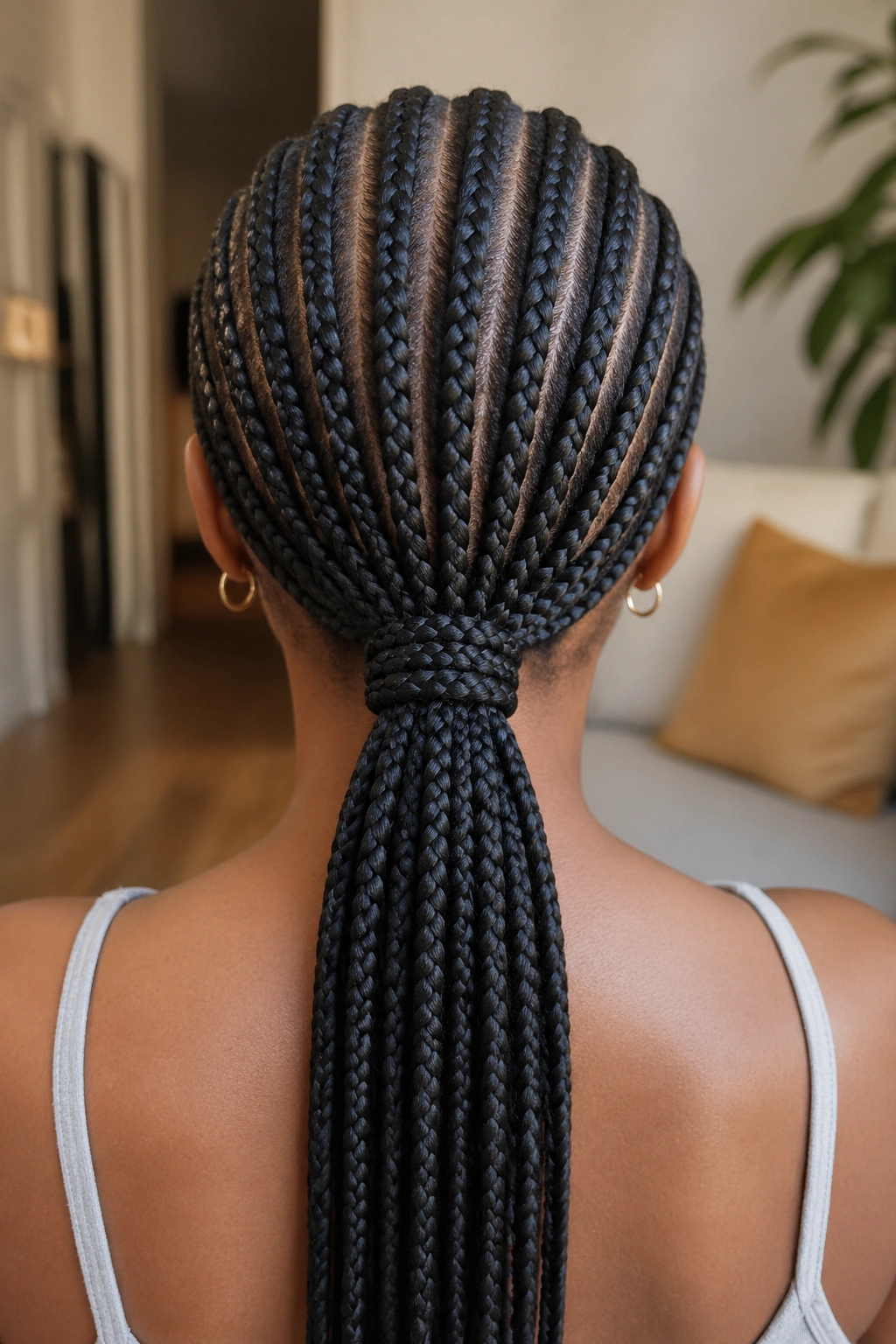 Back-of-head view of a real woman with all-back cornrows in a low ponytail