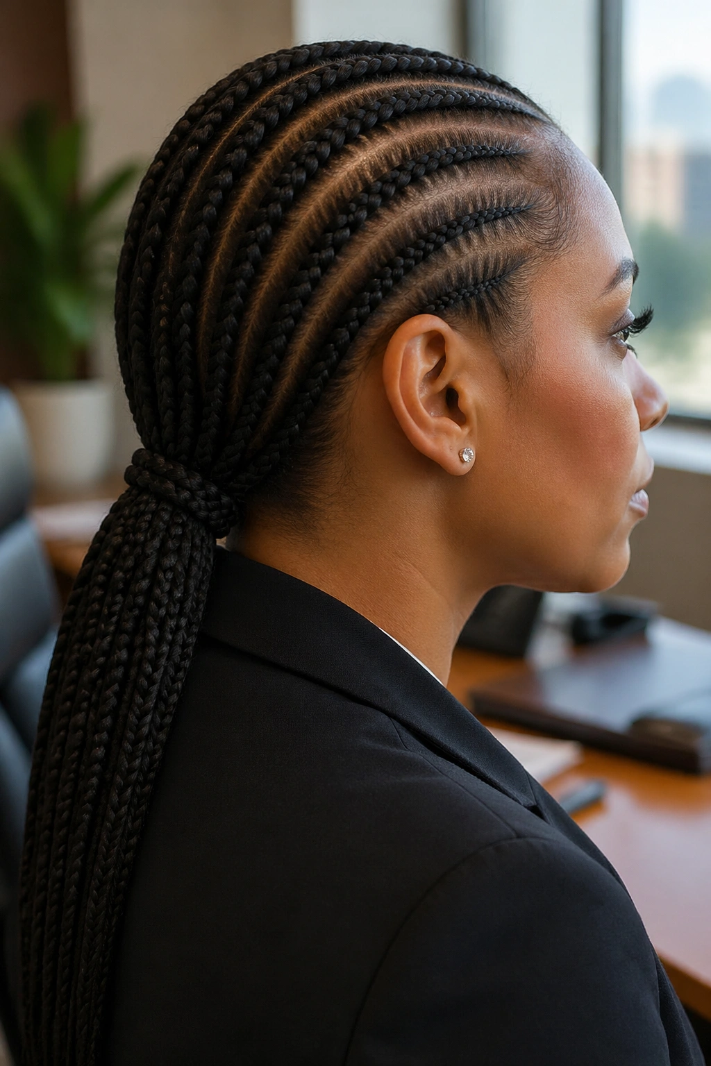 Close-up of woman with straight-back cornrows forming a low ponytail with braided wrap