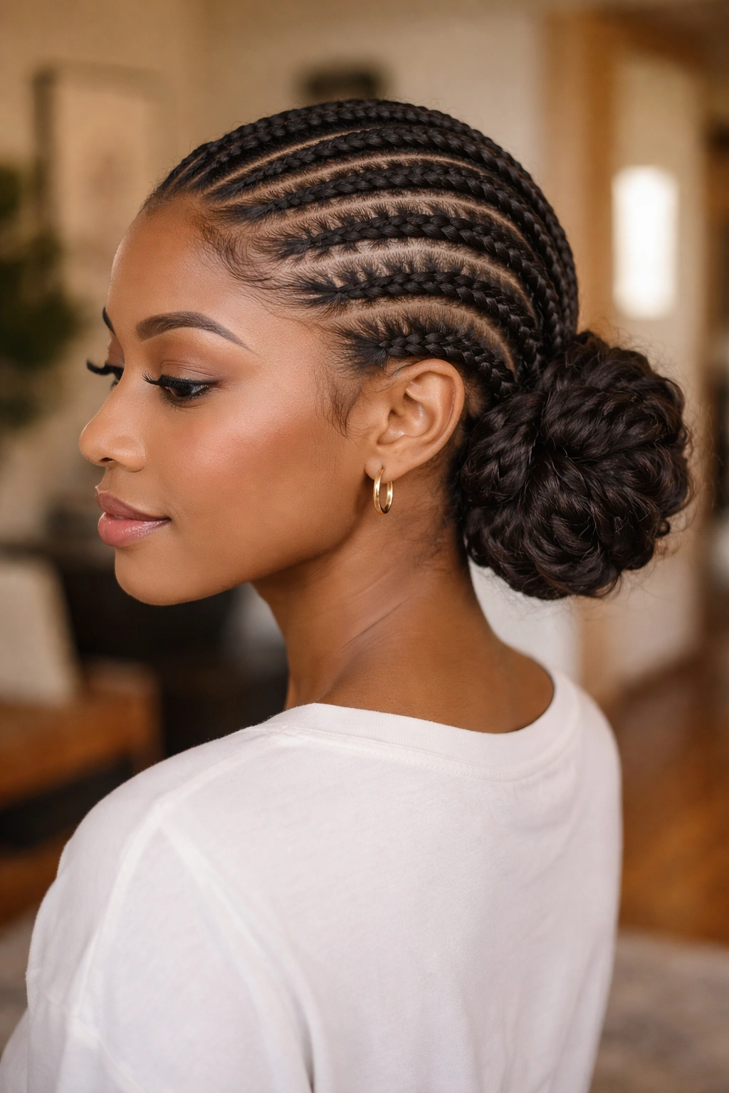 Portrait of a woman with cornrows formed into a low side bun behind the ear