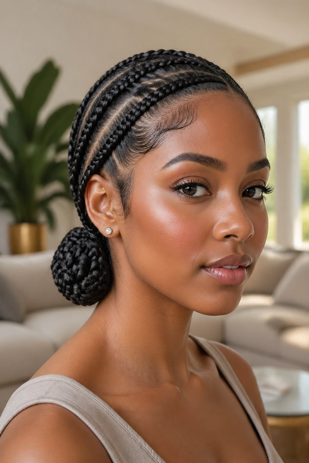 Close-up of a real person with side-swept cornrows into a low bun