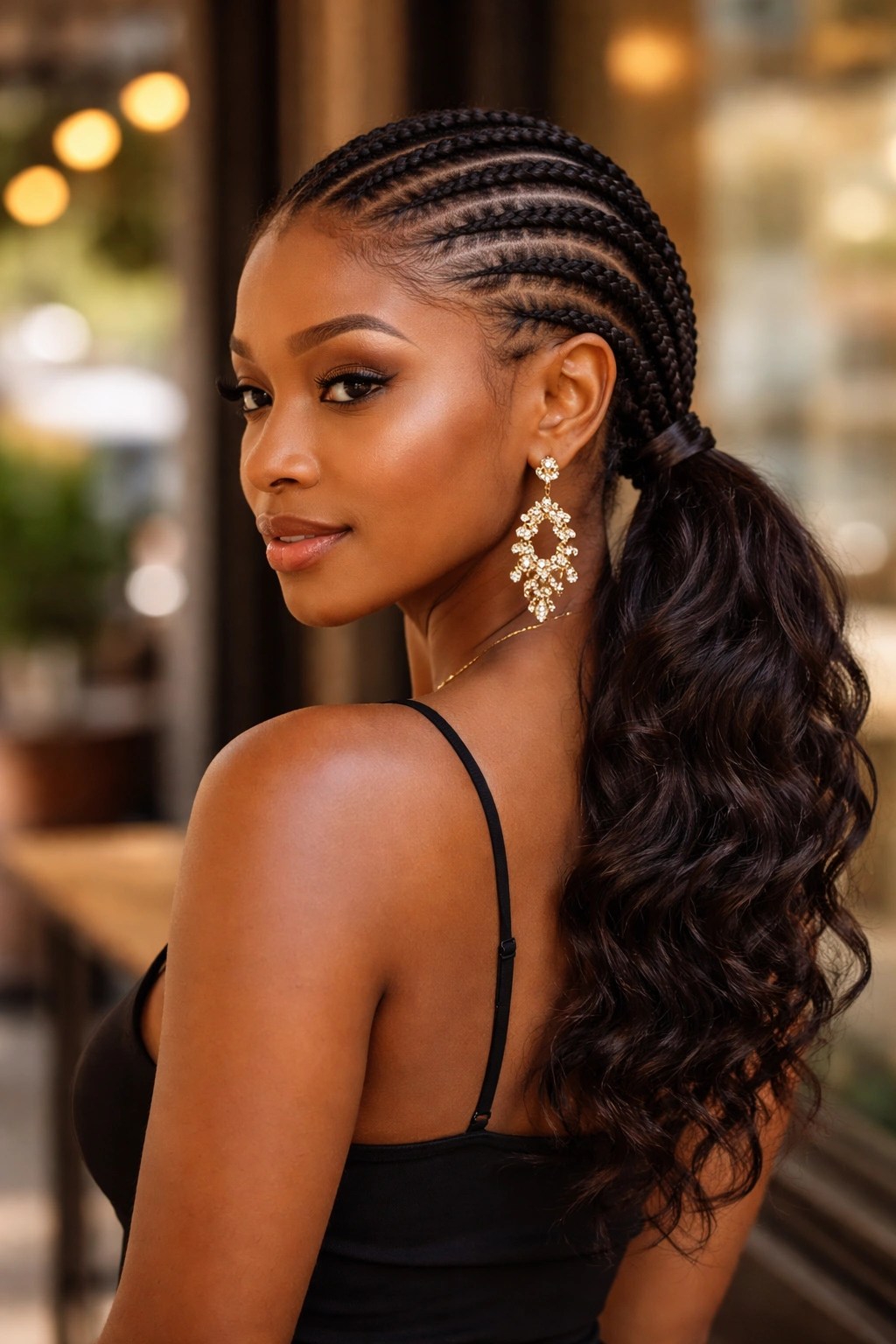 Portrait of a real woman with cornrows flowing into a low-side pony on one side.