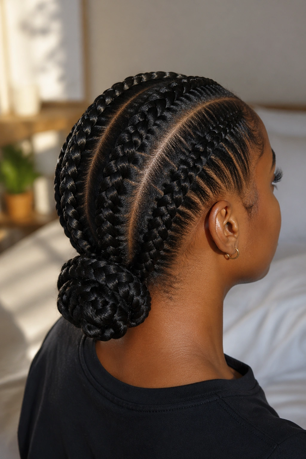 Close-up of three thick cornrows forming a low bun at the nape on a real person with warm window light