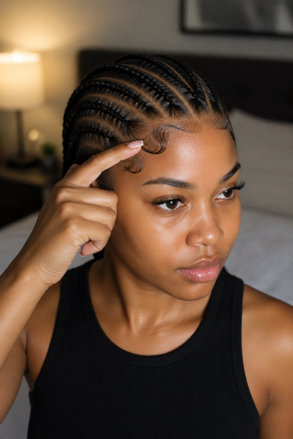 Real person maintaining cornrows with edge gel on flyaways