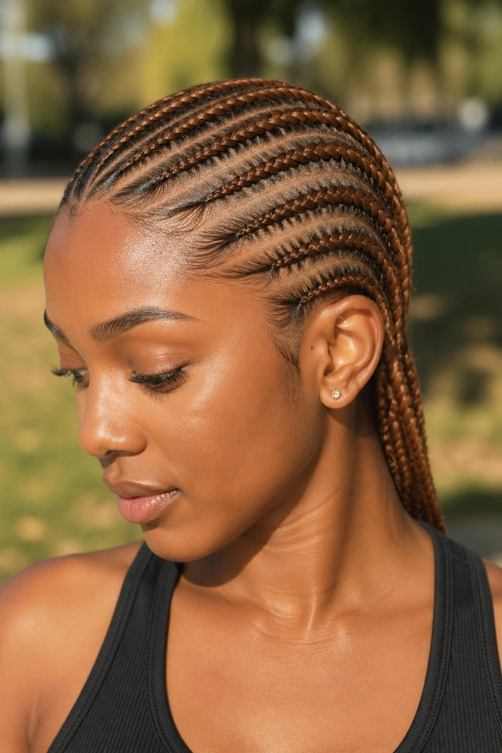 Real person with maple brown straight-back cornrows.