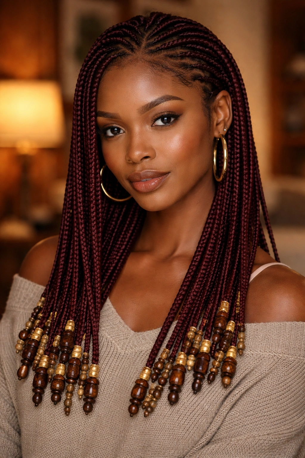 Close-up of maroon cornrows with beads on a real person