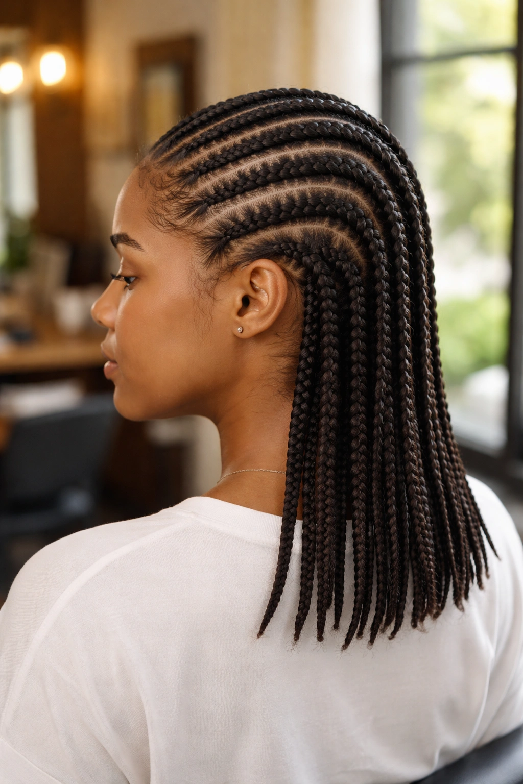 Close-up portrait of a real person with straight-back cornrows on medium hair in a warm salon light