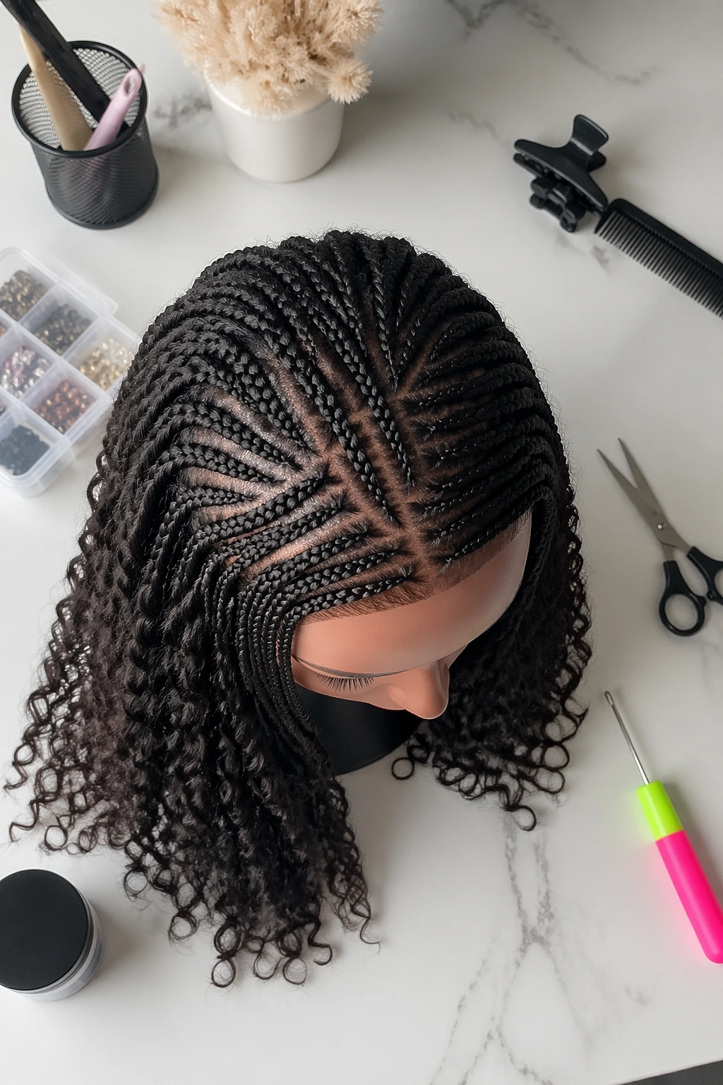 Overhead flat-lay of cornrows and micro braids with styling tools.