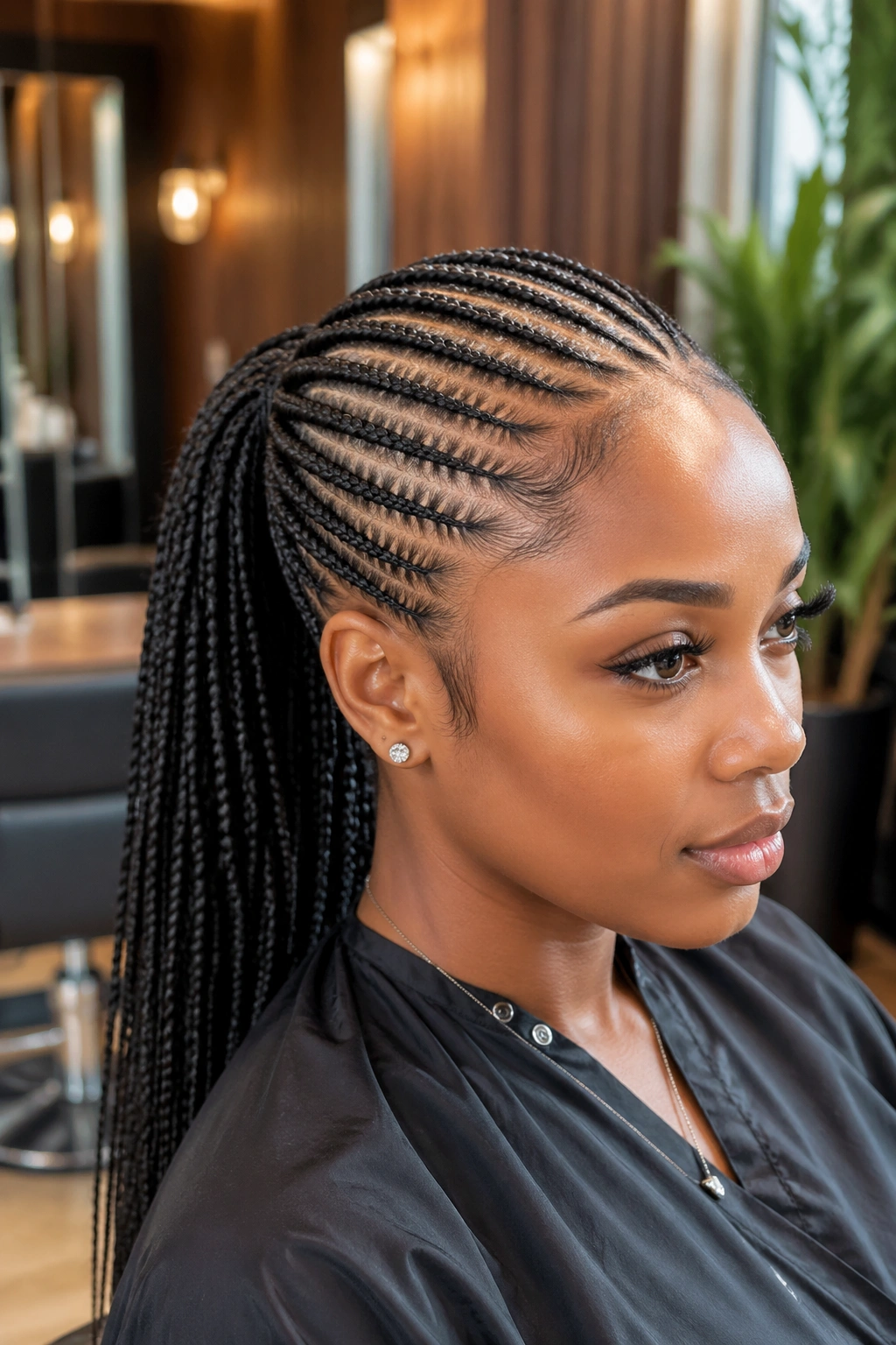Close-up of a real Black woman with sleek feed-in cornrows forming a mid ponytail