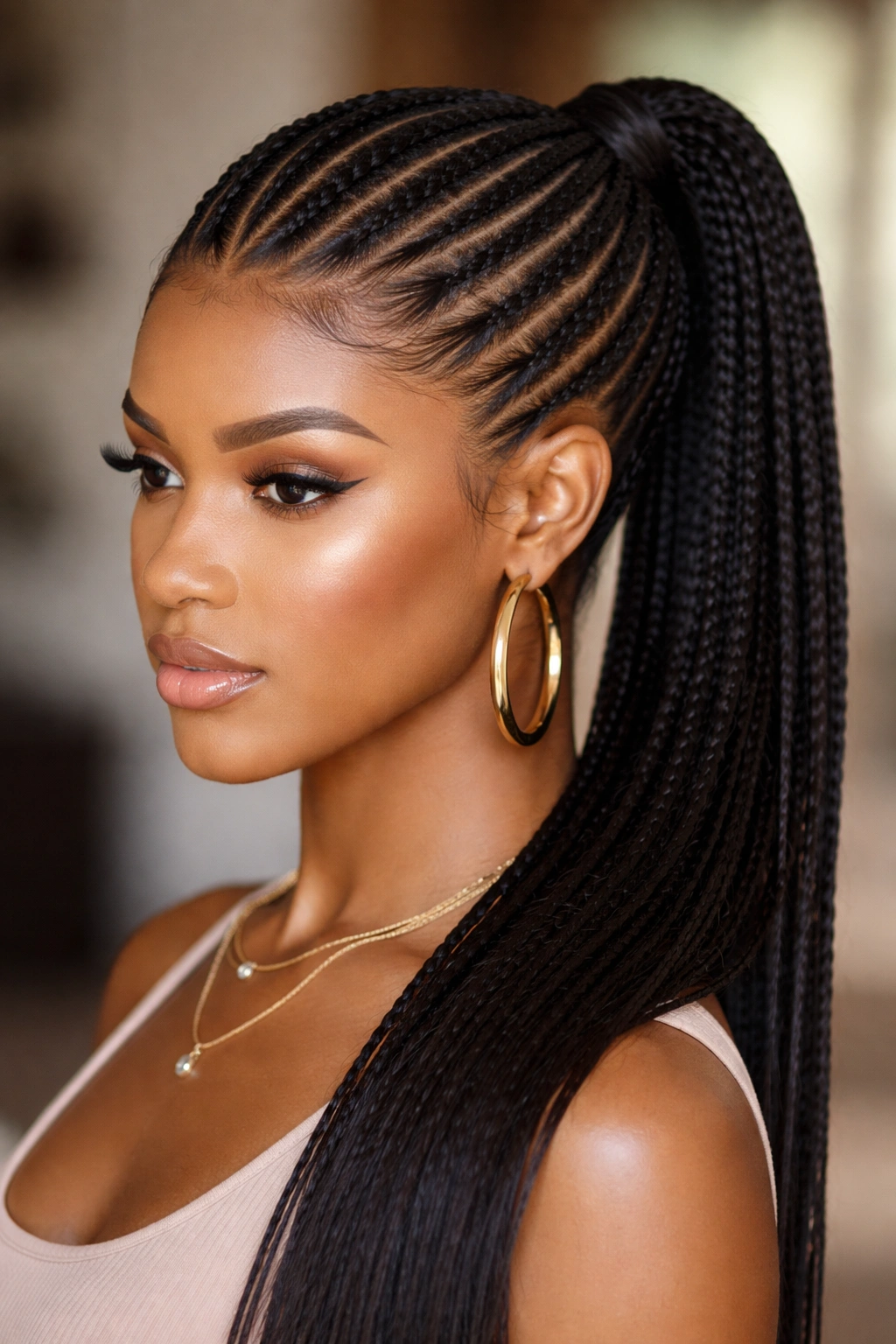 Side cornrows with a sleek middle part and side-swept braids