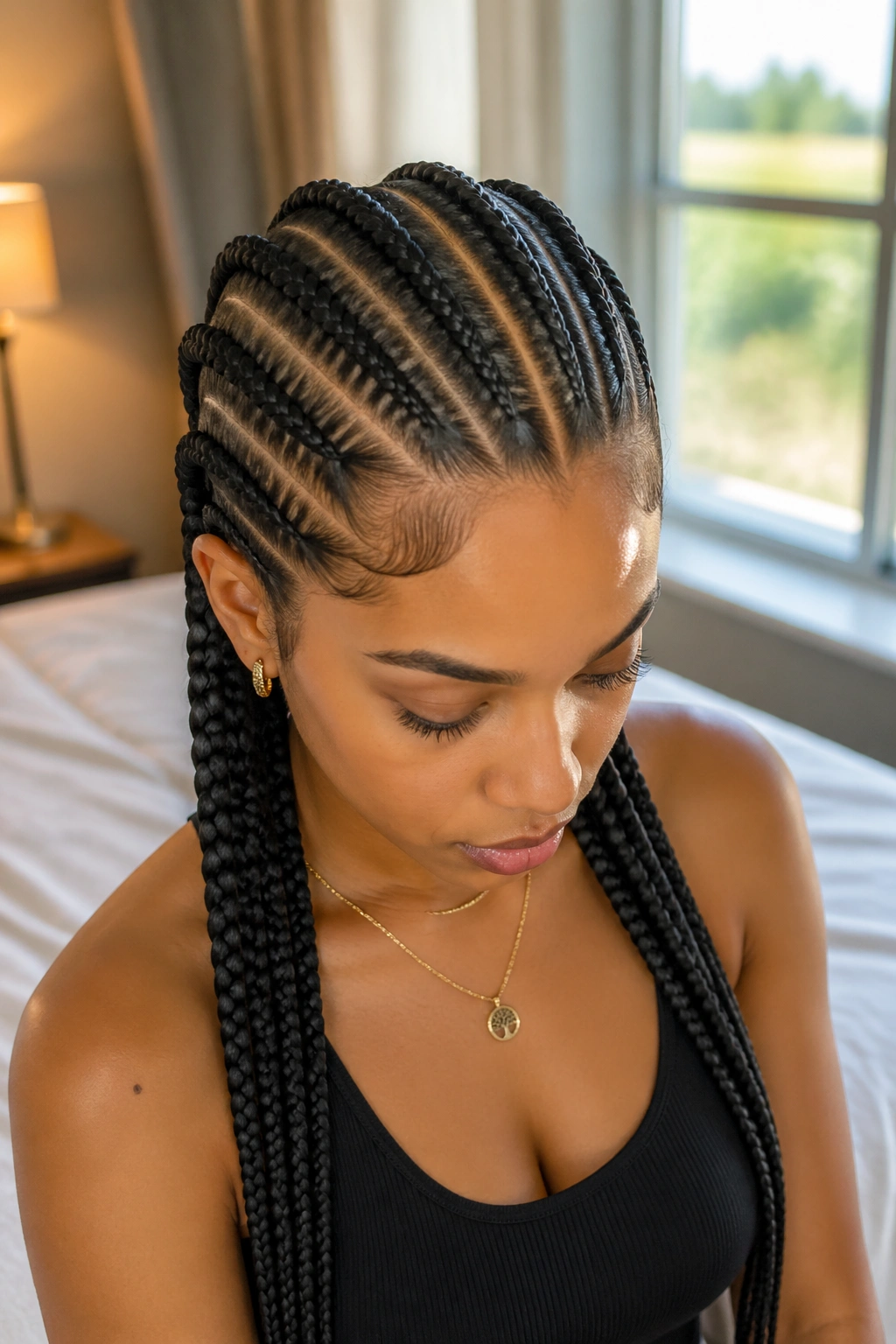 Close-up portrait of a real person with straight back cornrows and a middle part.