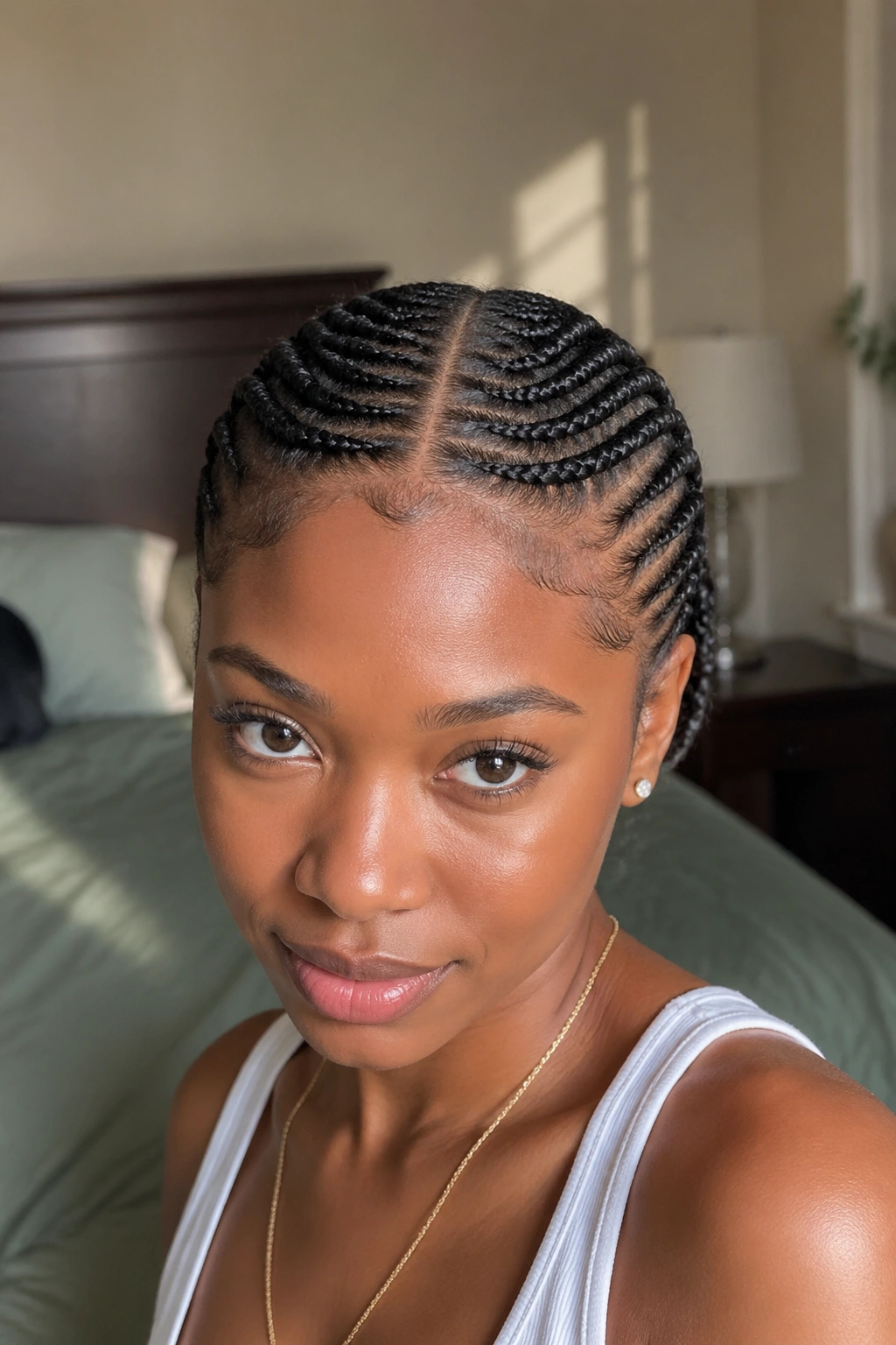 Close-up of a real person with a straight middle-part cornrow style and visible scalp.