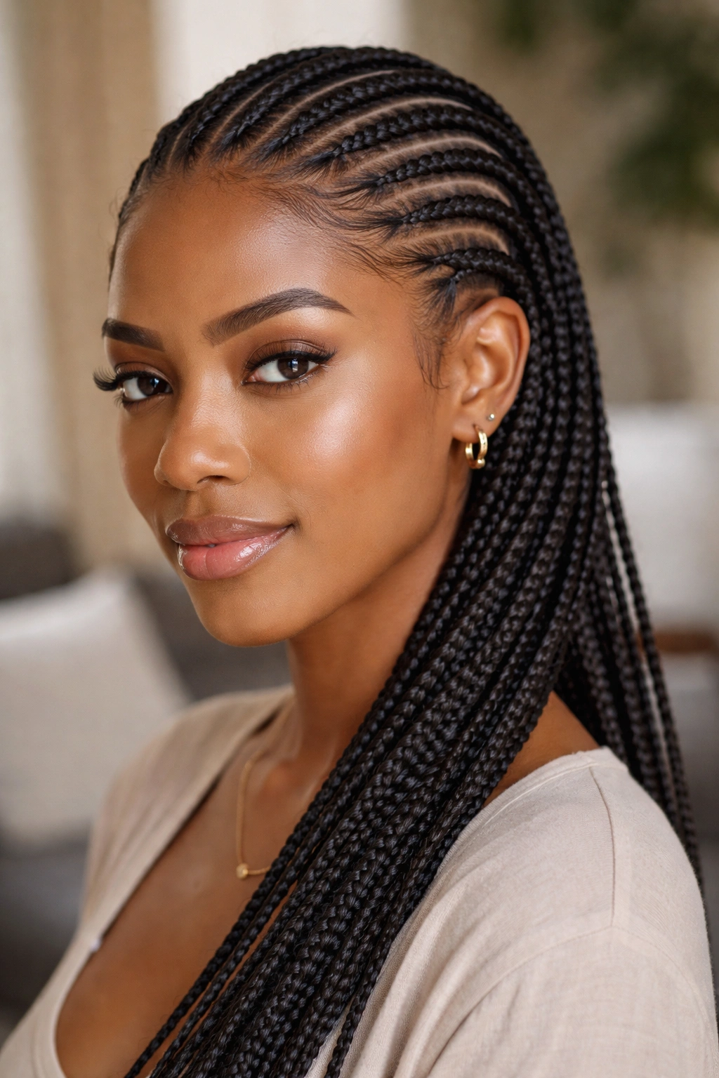 Close-up of real woman with mixed-size all-back cornrows