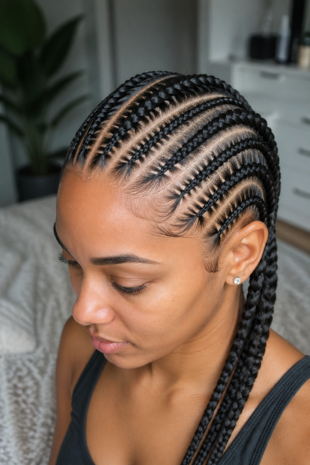 Eight cornrows with two thicker beaded accents on real person, portrait.