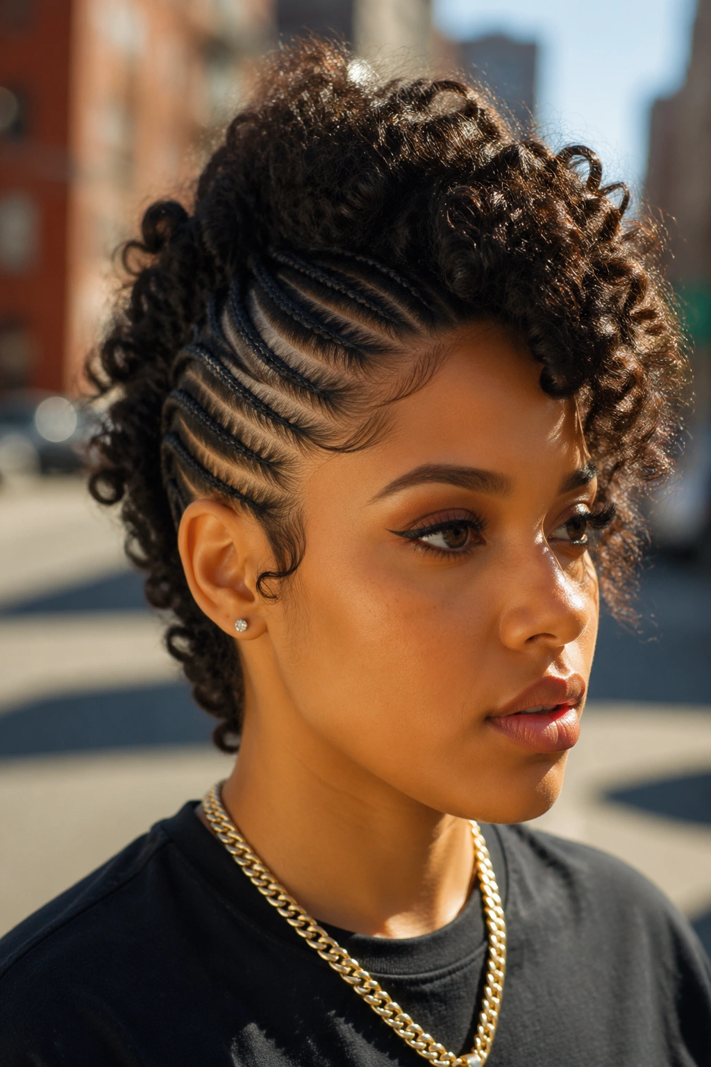 Close-up of a real person with a cornrow mohawk and curly center puff on an urban street