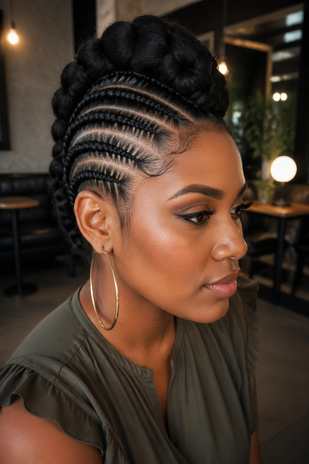 Portrait of a person with a big cornrow mohawk.