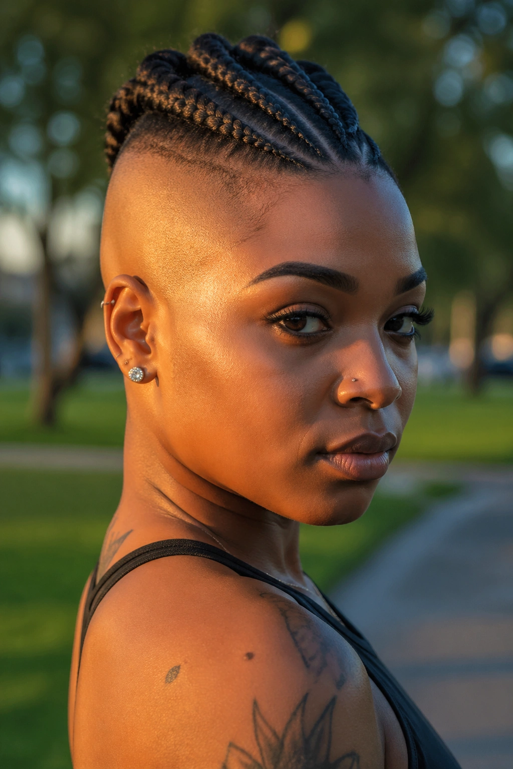 Close-up of a real woman's Mohawk crown with shaved edges
