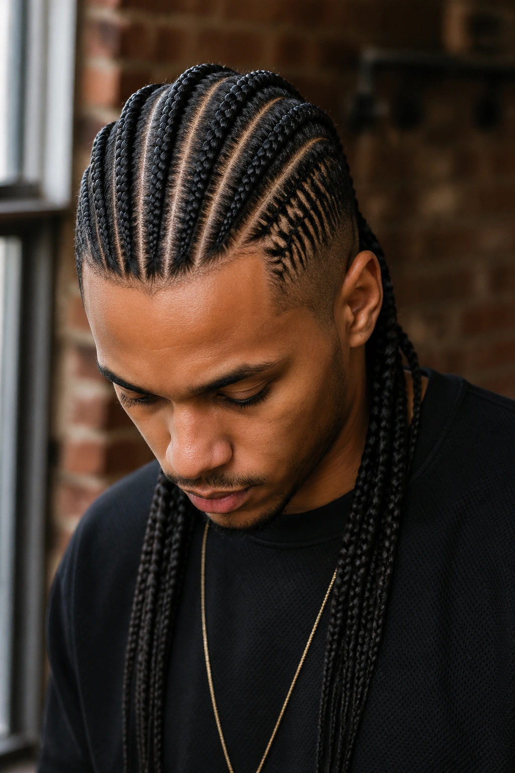 Close-up portrait of a real person with a Mohawk strip cornrow pattern.
