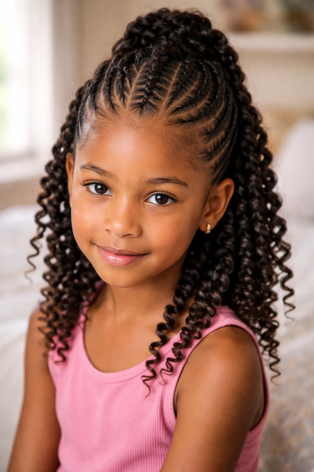 Close-up portrait of a girl with a cornrow mohawk and twisted sides under natural light