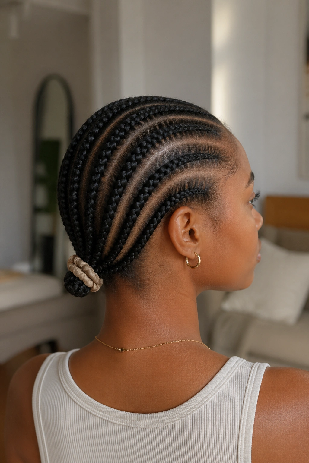 Portrait of a real woman with seven slim cornrows to the nape gathered with a scrunchie