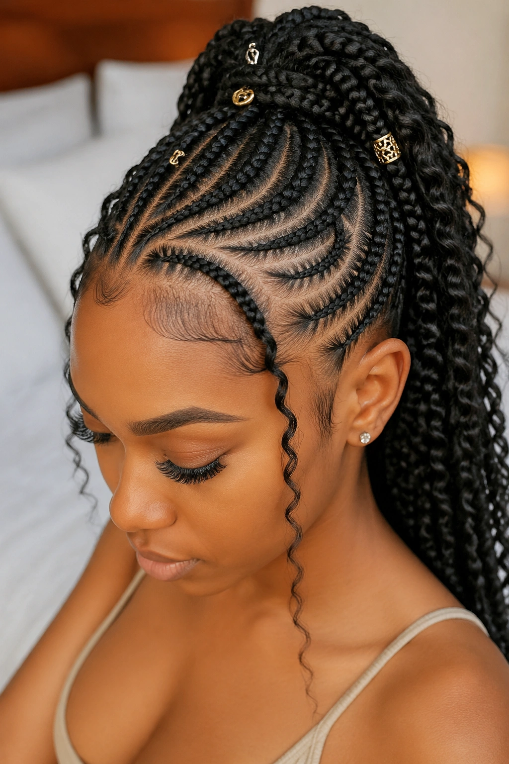 Close-up of a real woman's head with small cornrows and soft accessories in warm light.