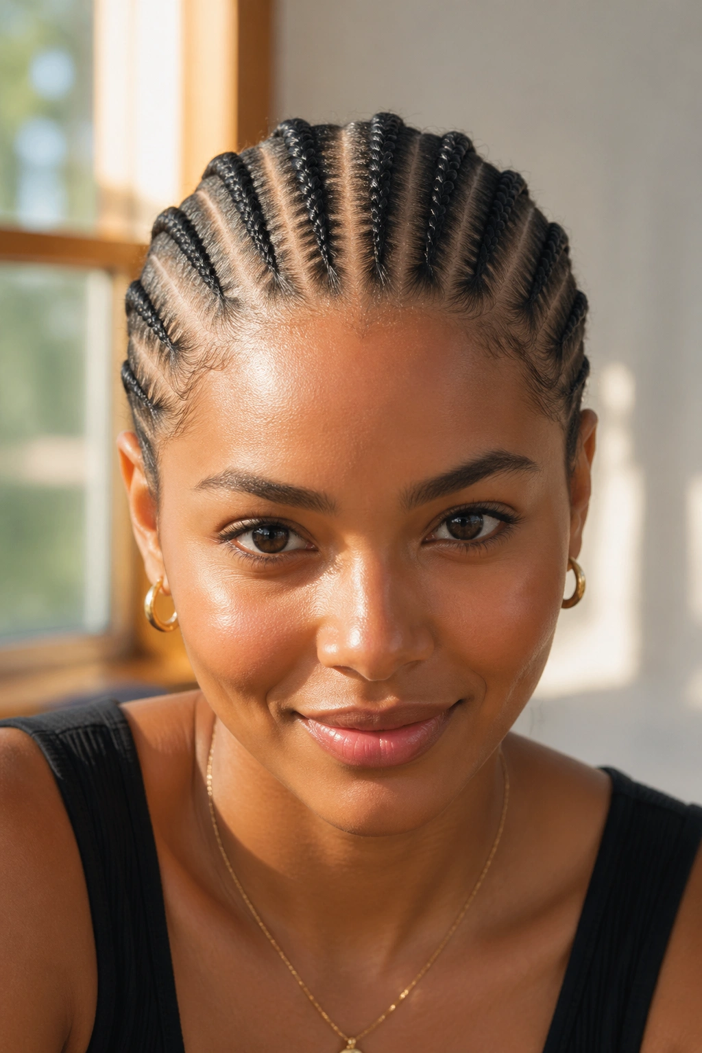 Close-up of a real person with five straight-back cornrows and a clean center part.