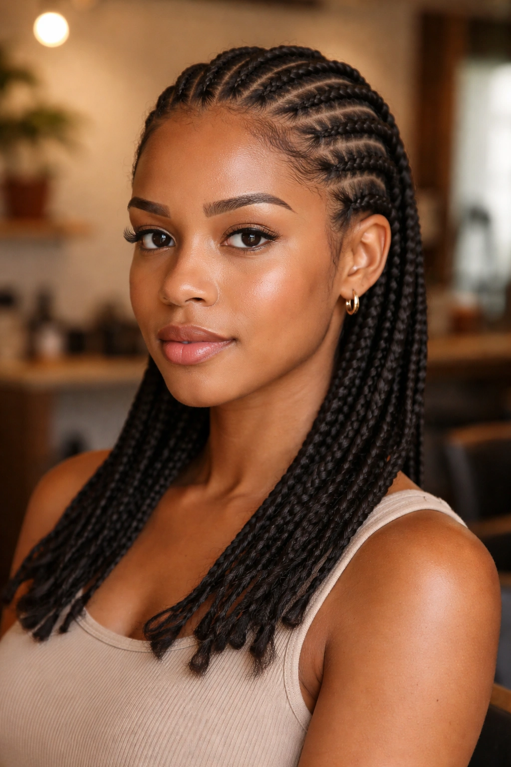 Close-up of a real woman with natural cornrows, no extensions