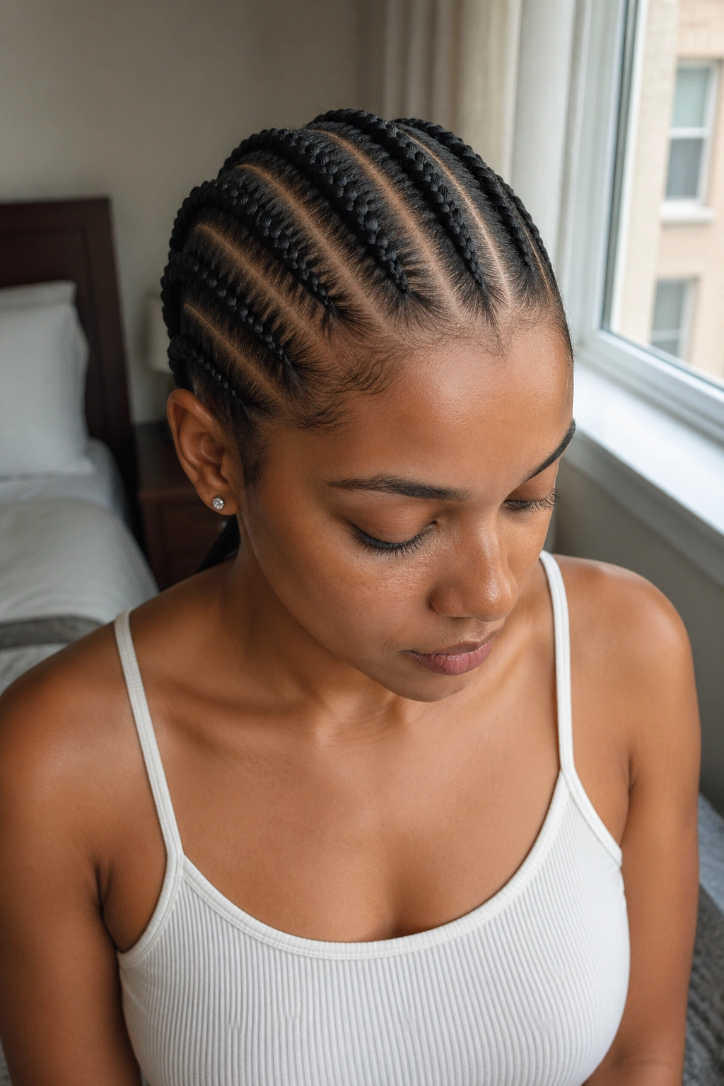 Close-up of a real woman's head showing six stitch needle cornrows.