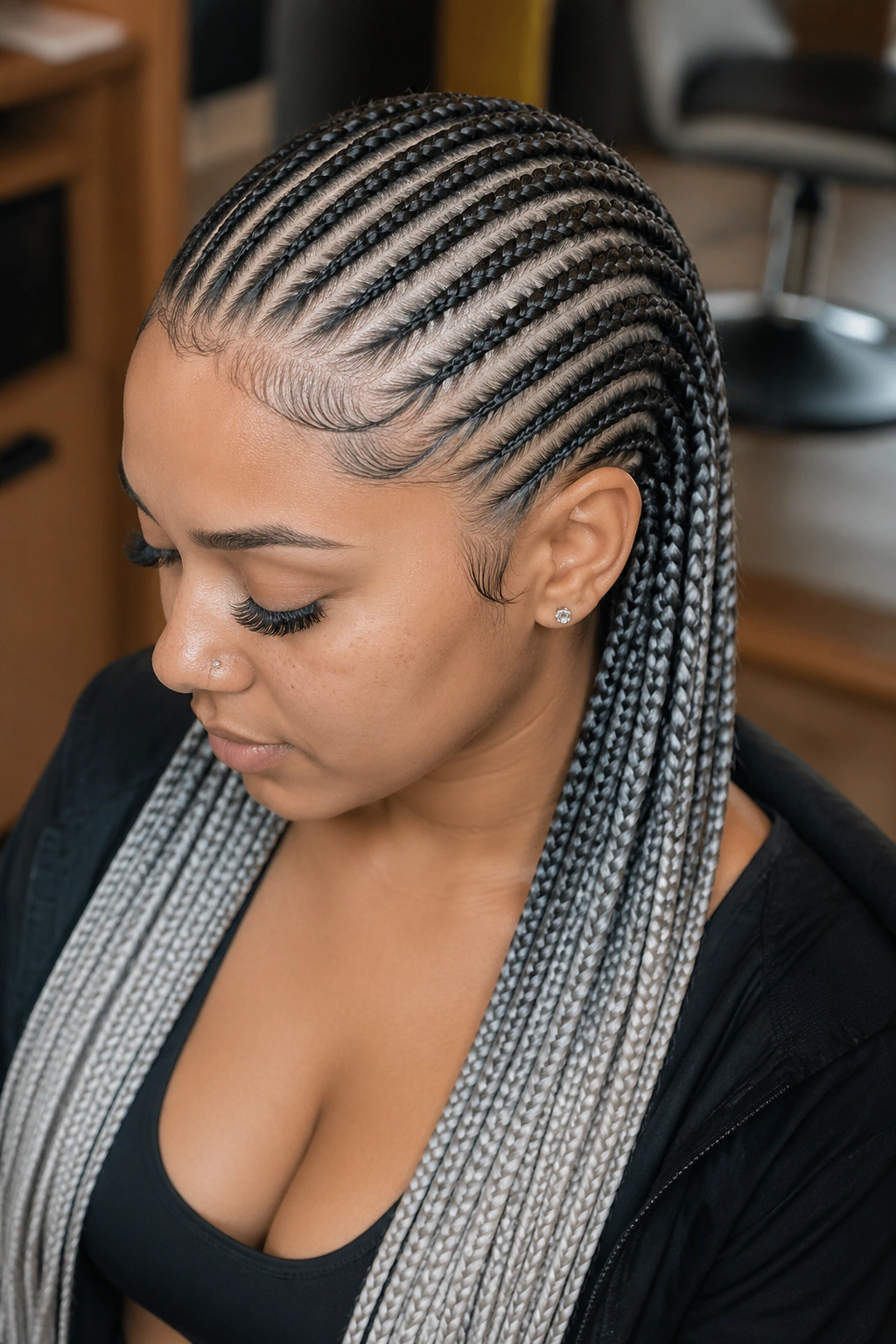Close-up of jet-black to silver ombre cornrows on a real person, natural window light
