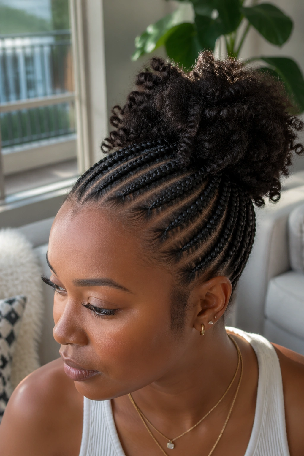 Person with braided sides and open crown forming a top puff.