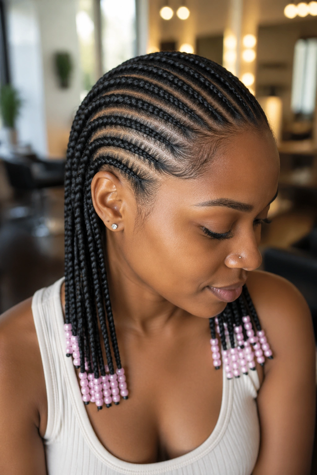 Close-up of cornrows with pastel beads on a real person