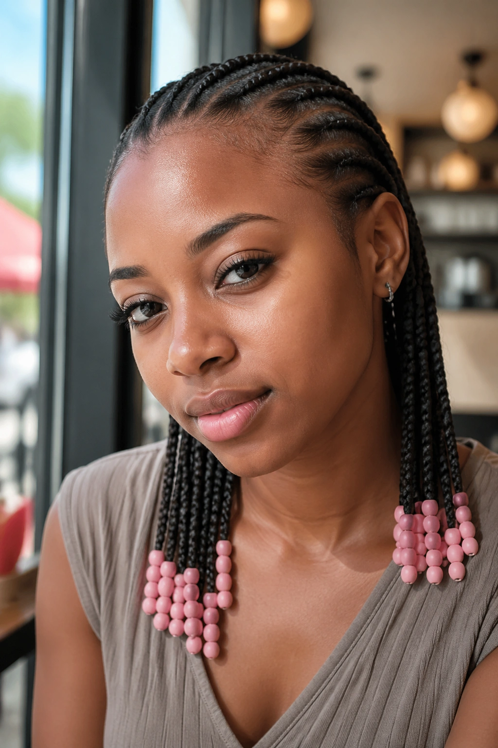 Close-up of cornrows ending in pastel beads on a real person