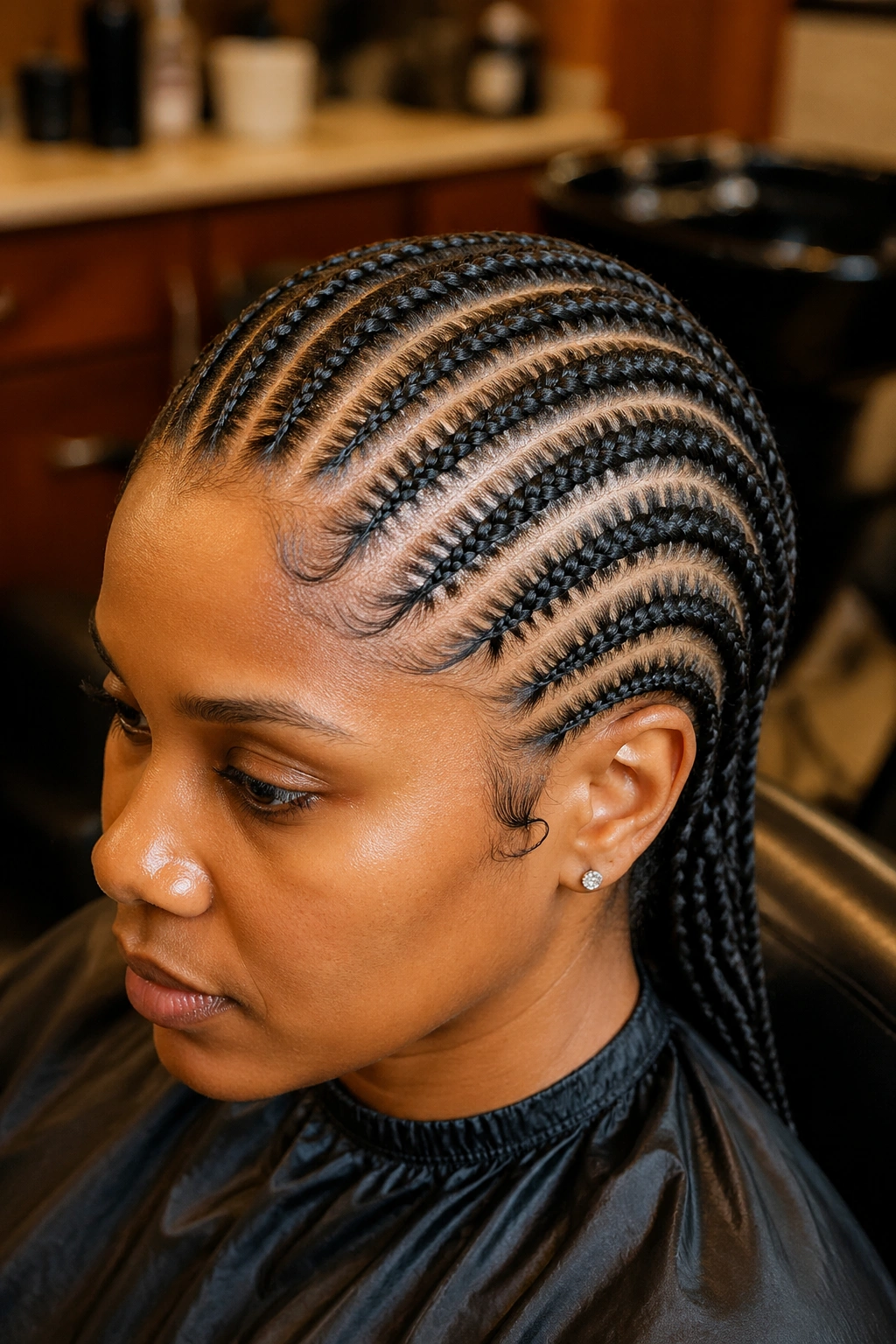 Close-up of a real woman's head showing geometric cornrow pattern along the scalp