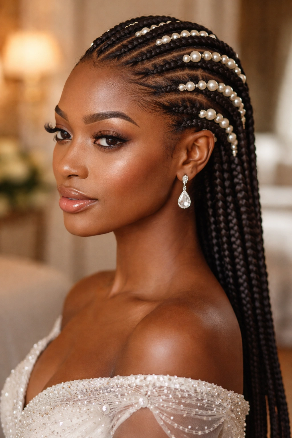 Close-up portrait of a real woman with pearl beads woven into cornrows.