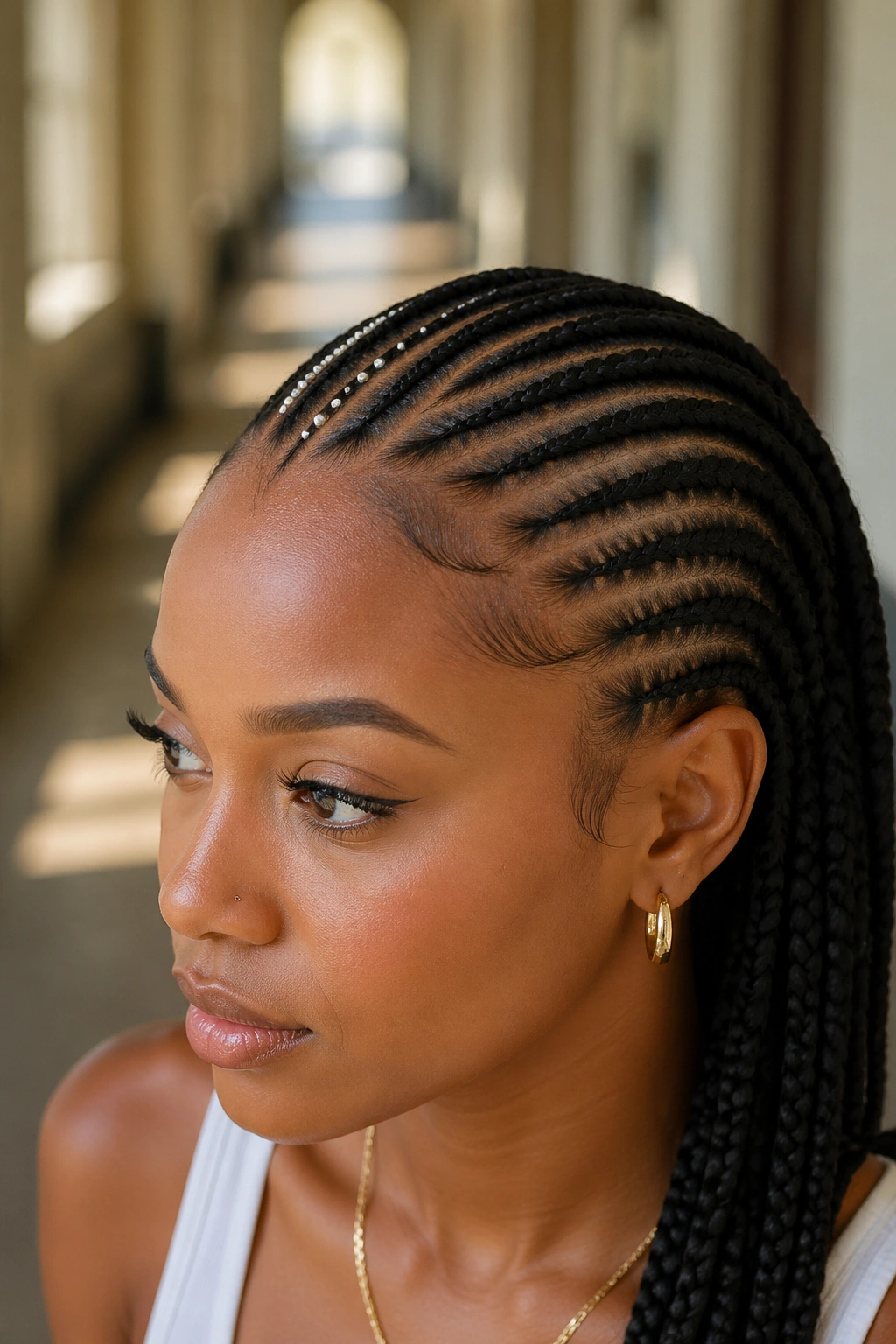 Close-up of front cornrow with tiny pearl beads on a real person