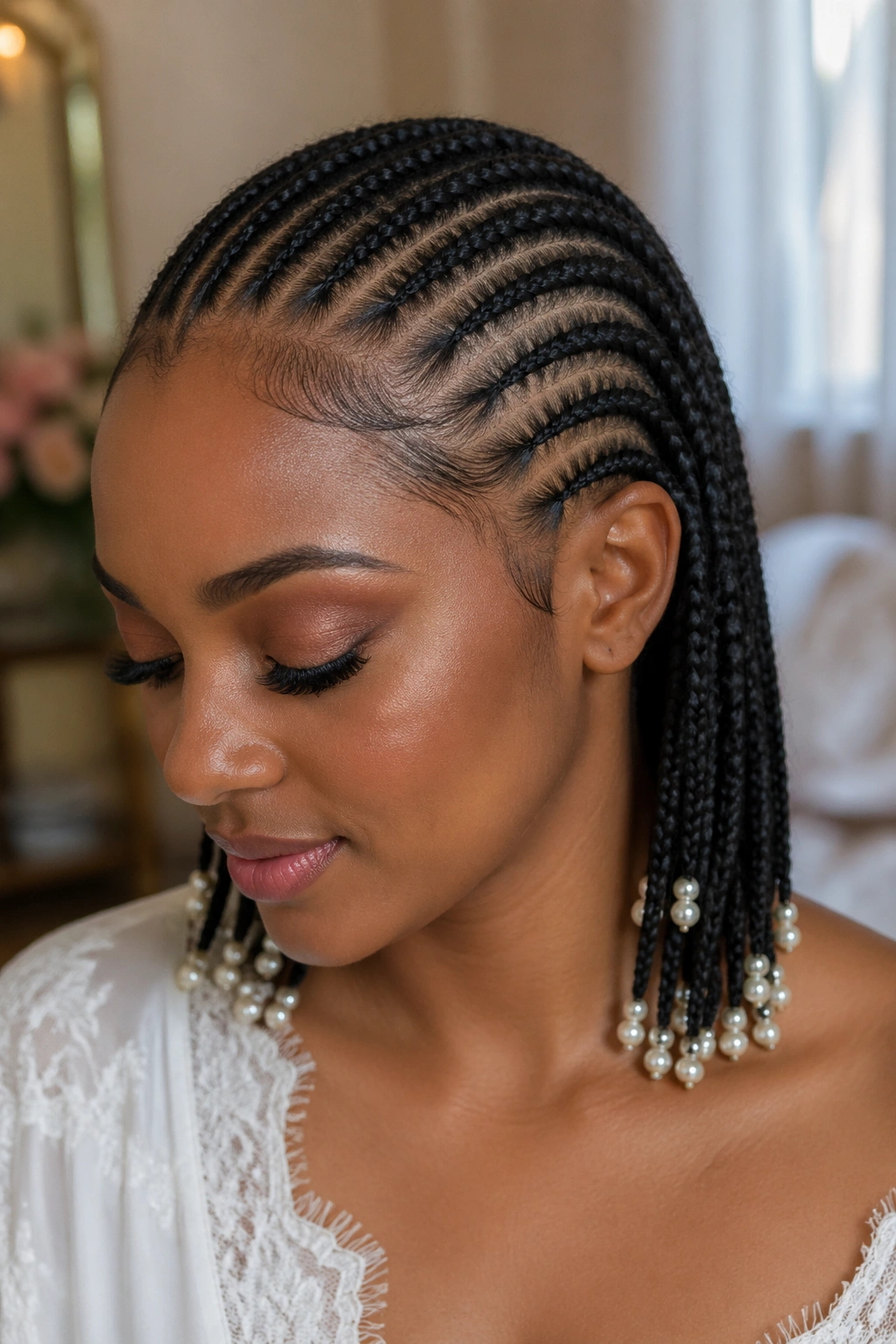 Close-up of a real woman with cornrows ending in faux pearl beads