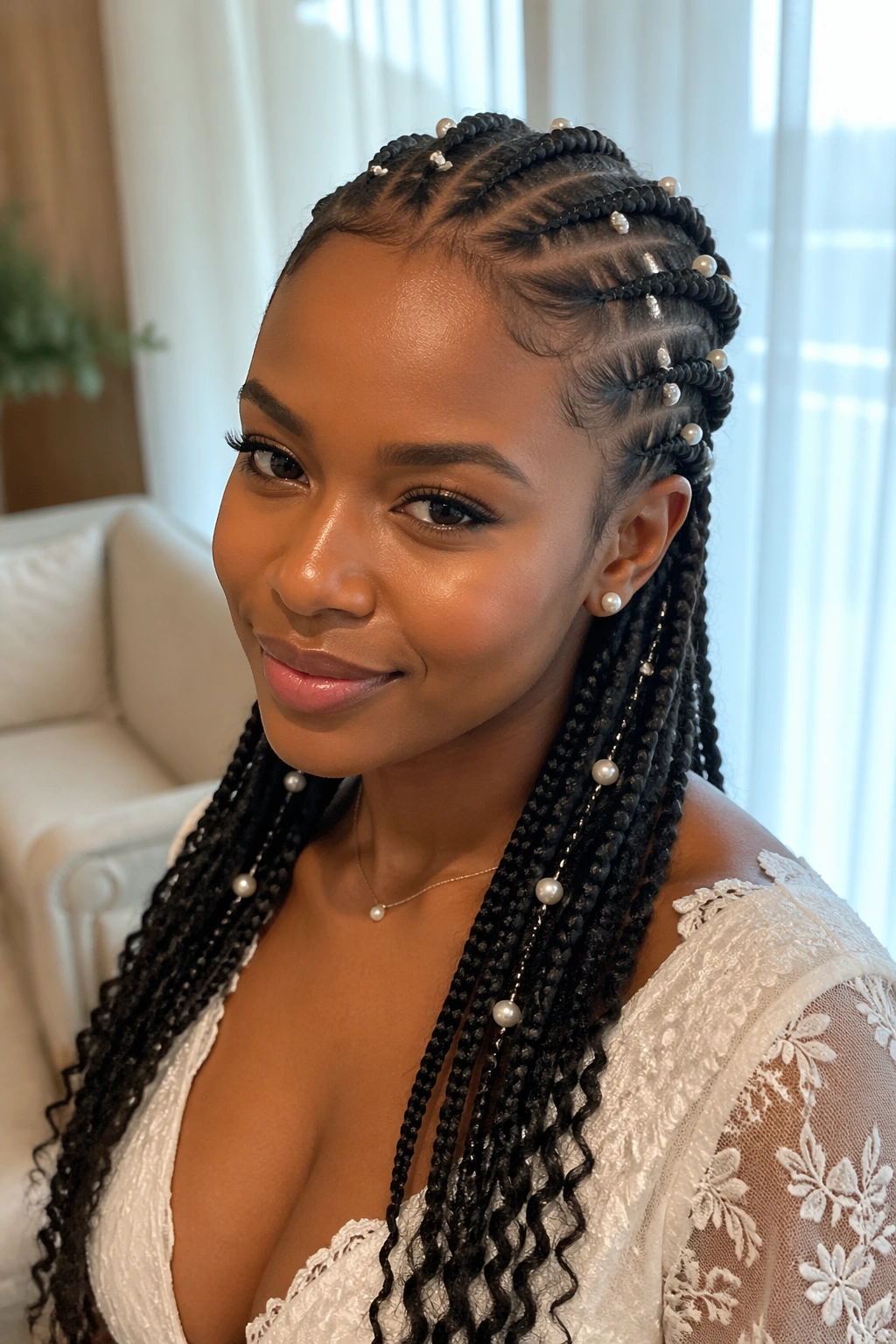 Close-up of small cornrows with pearl accents along the braids