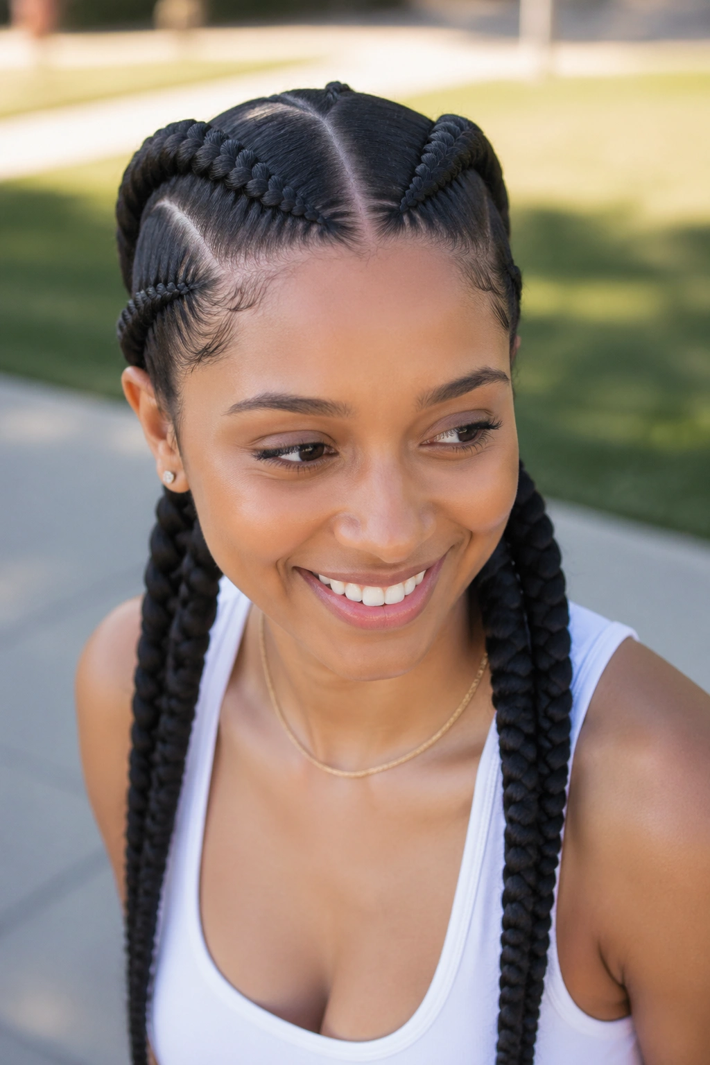 Portrait of a real person with two thick cornrows forming side pigtails in a park