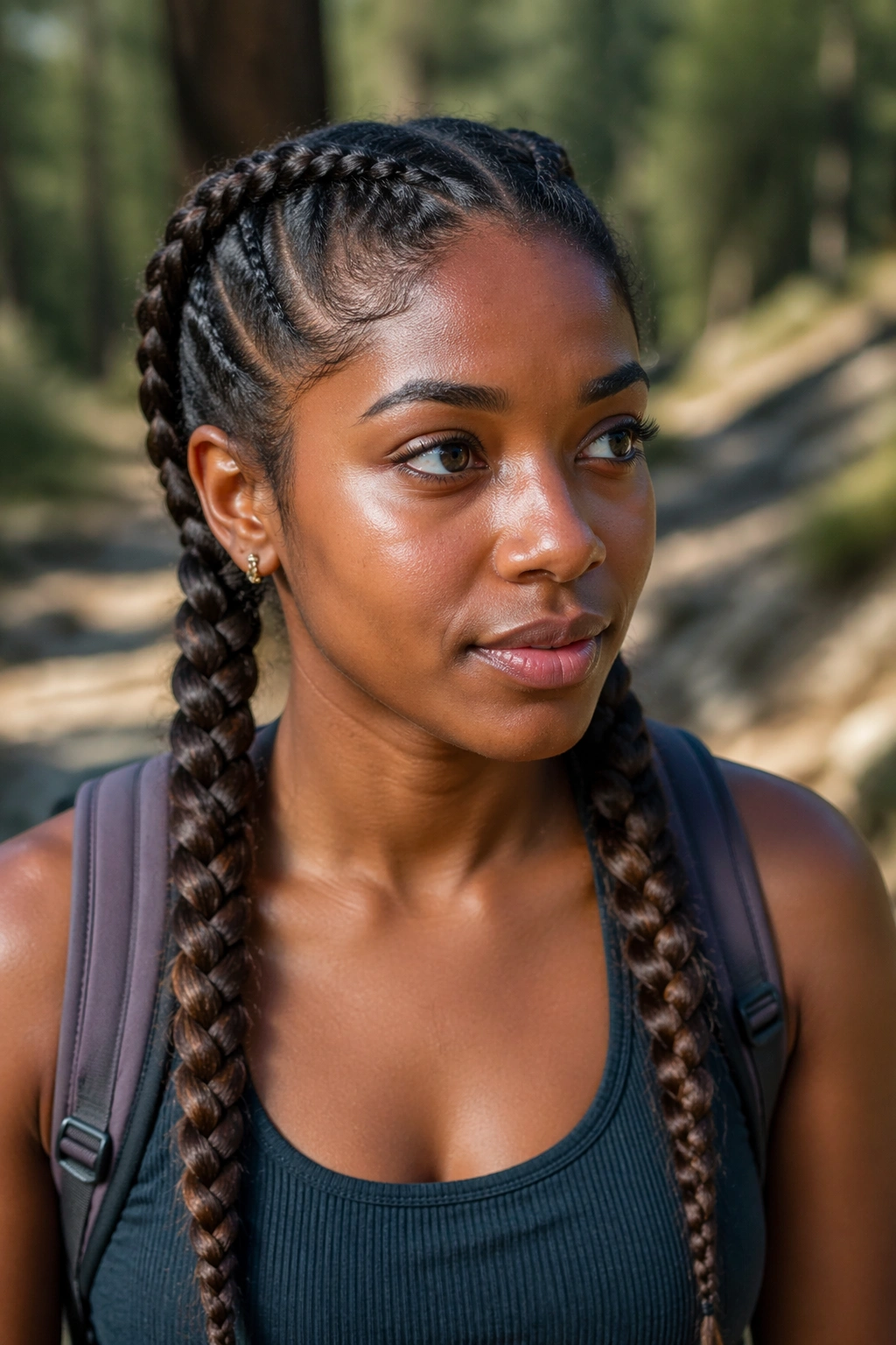 Close-up of a person wearing two cornrow pigtails outdoors on a trail