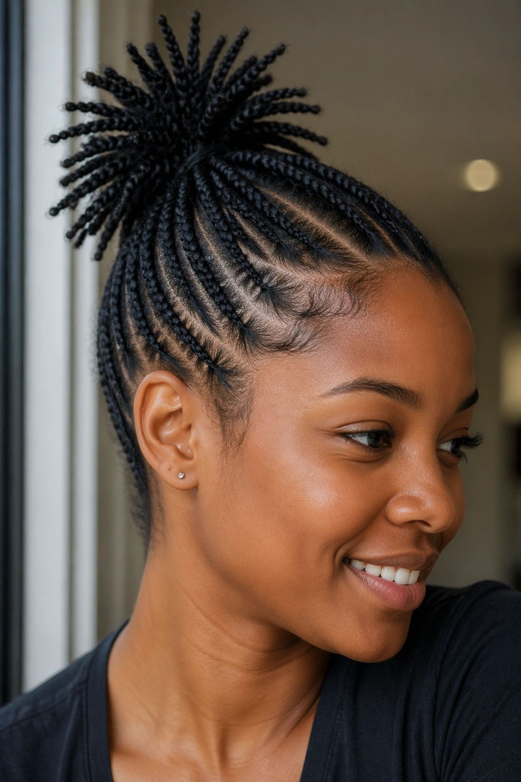 Portrait of a real person with cornrows gathered into a pineapple at the crown