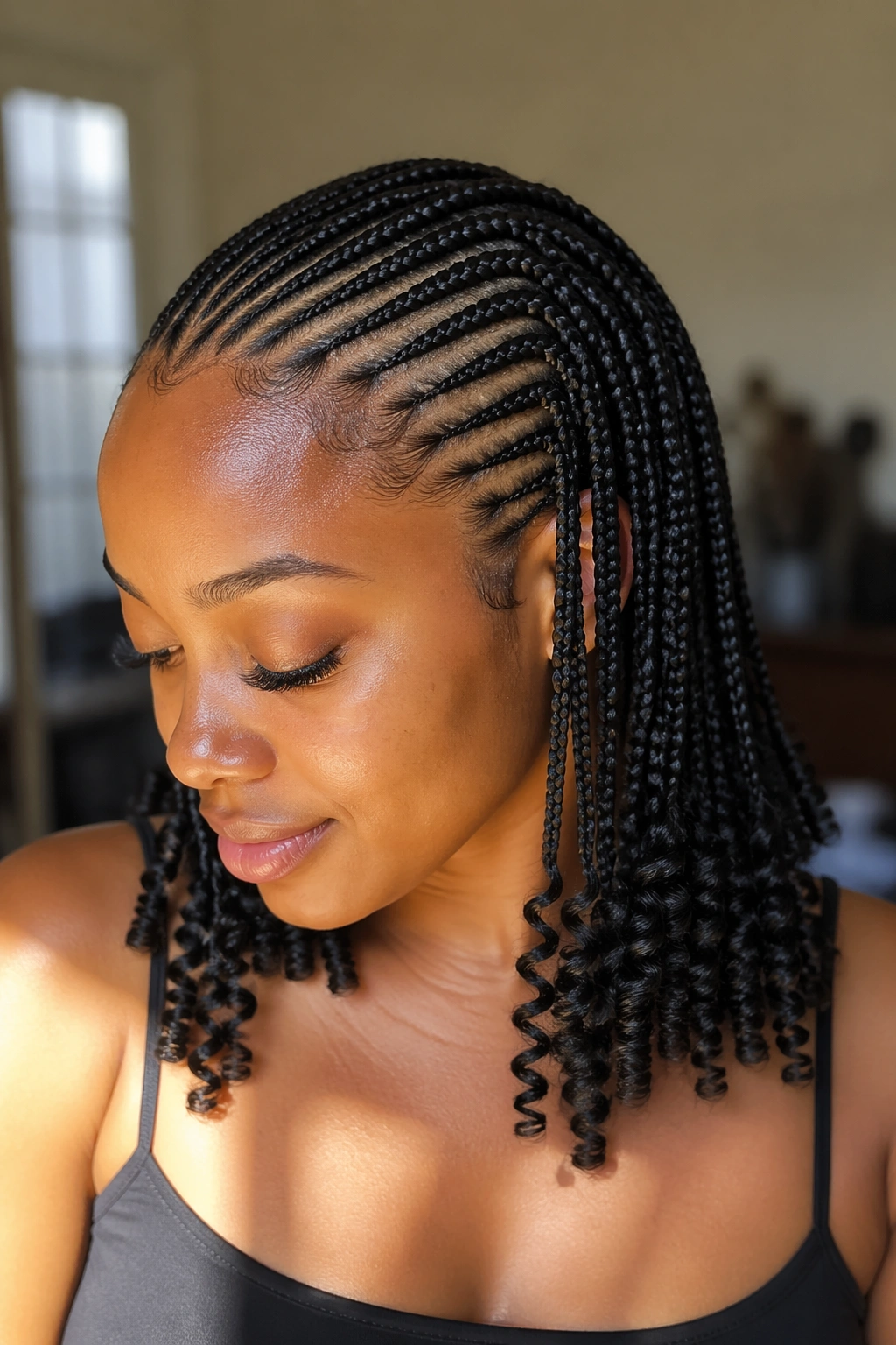 Close-up of a real person with small cornrows and pipe-cleaner curls at the ends