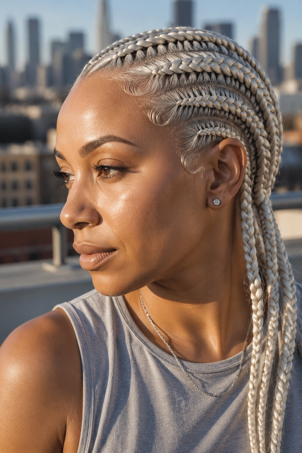 Close-up of a real woman with platinum blonde cornrows and silver undertones