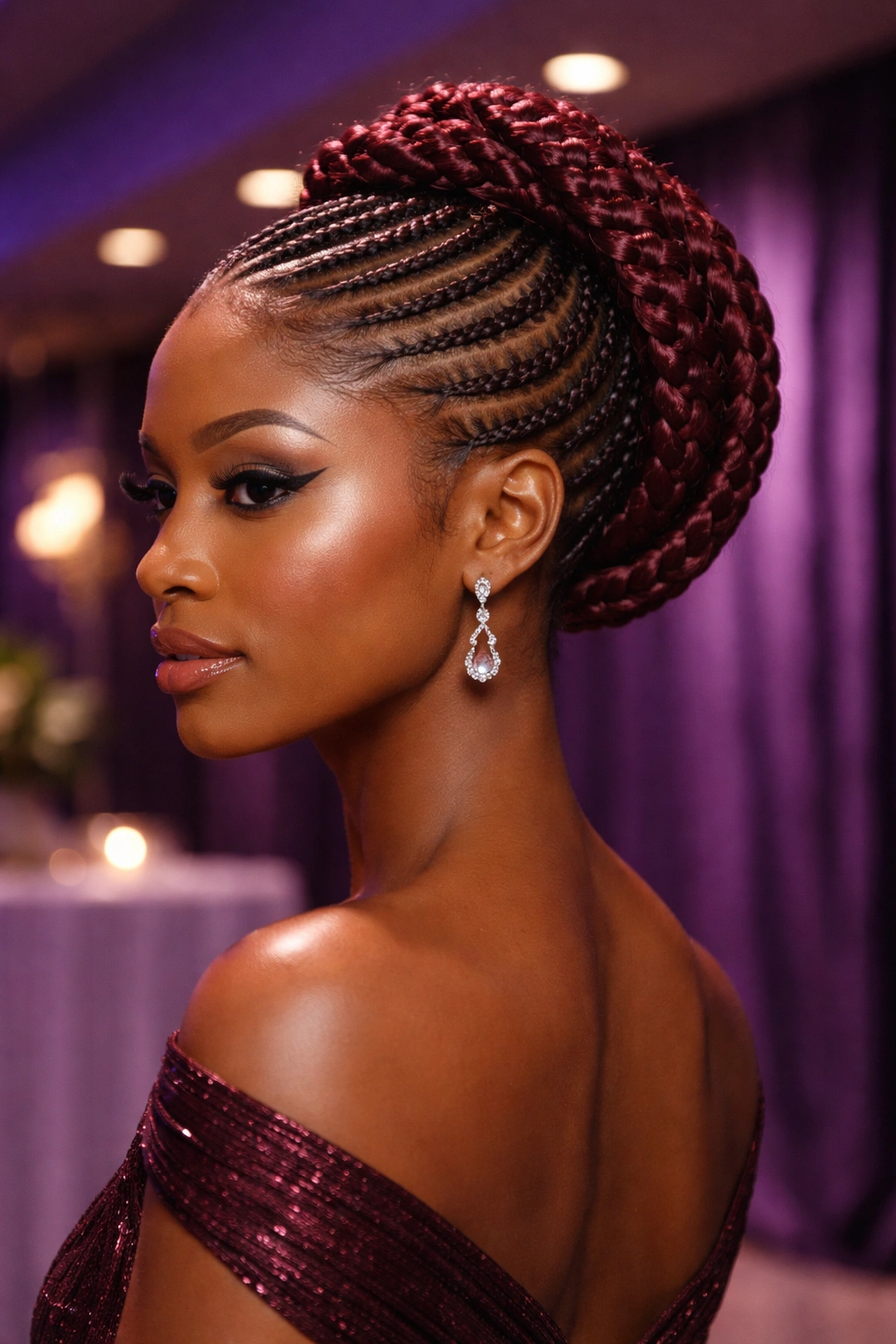 Close-up of plum red halo cornrows around the head