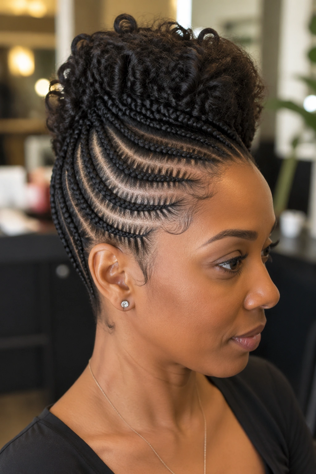 Needle cornrows forming a crown pompadour on a real person