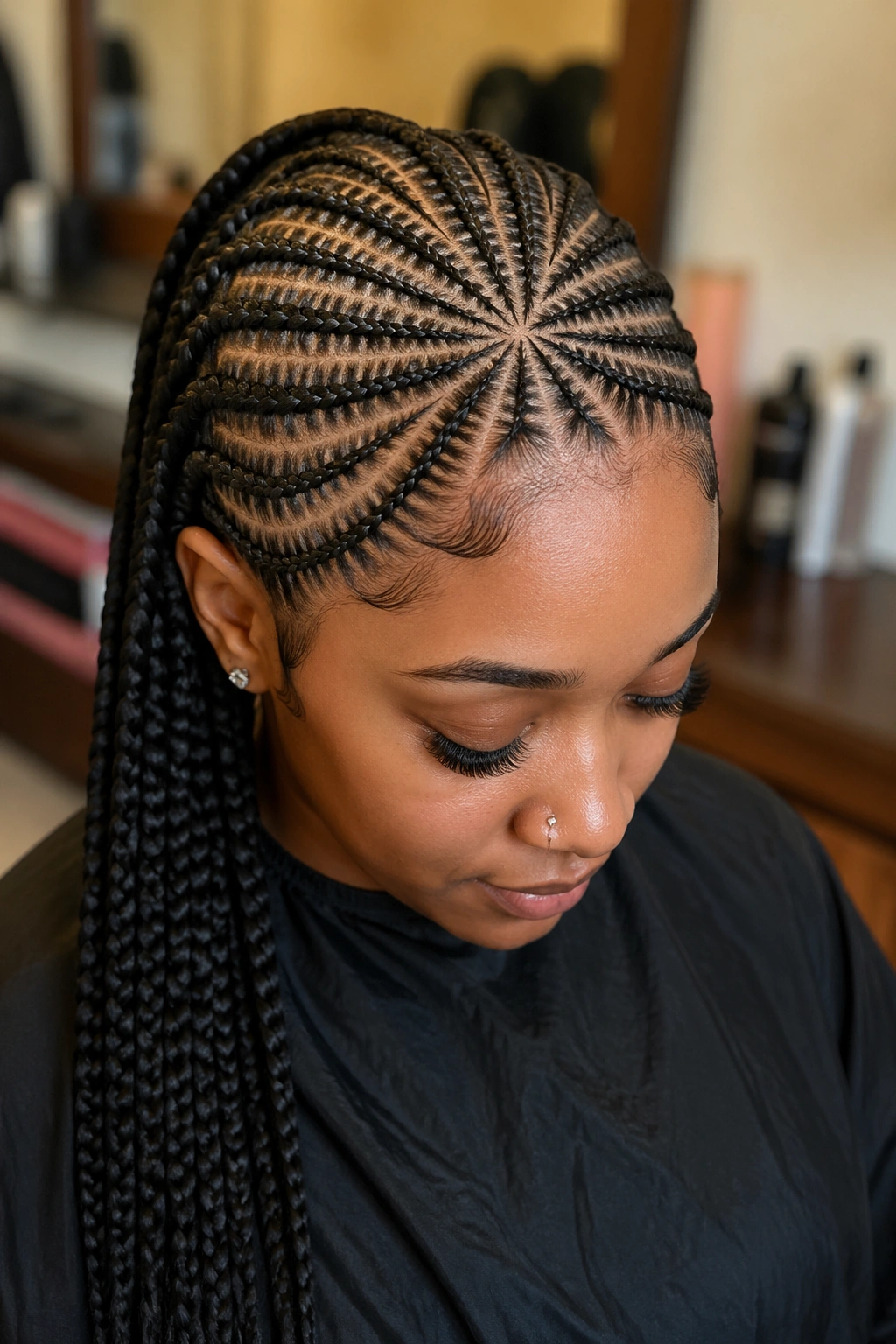 Real person with star-pattern cornrows forming foundation for long pondo